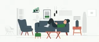 Illustration of a woman laying down on couch typing on laptop