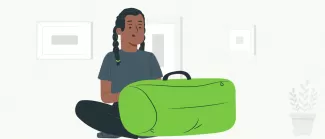 Illustration of a woman sitting in front of a bag